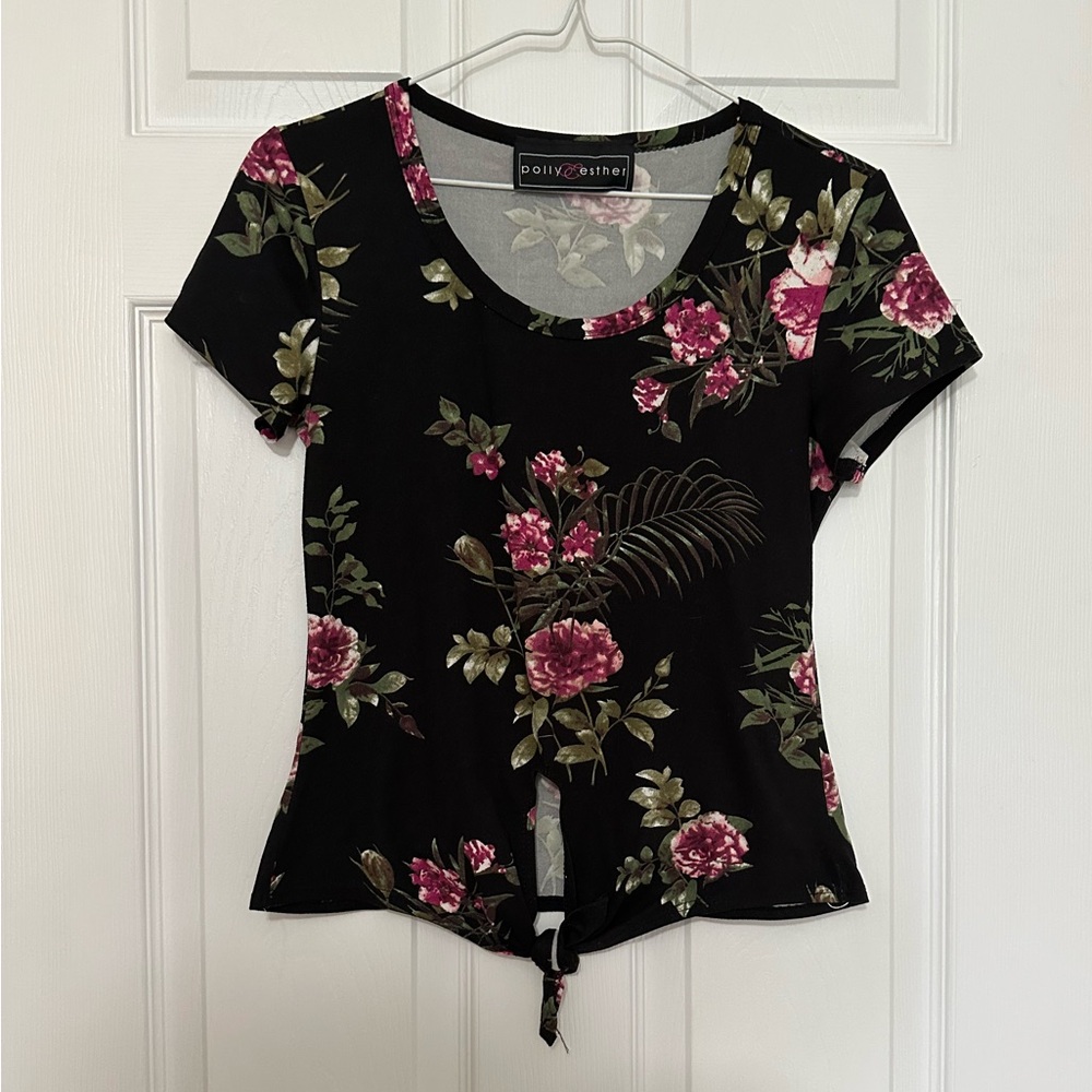 Polly & Esther Black and Pink Floral Blouse